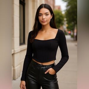 NWT LUSH | Black Corset-Style Cropped Long Sleeve Sweater Top – Size L 🖤